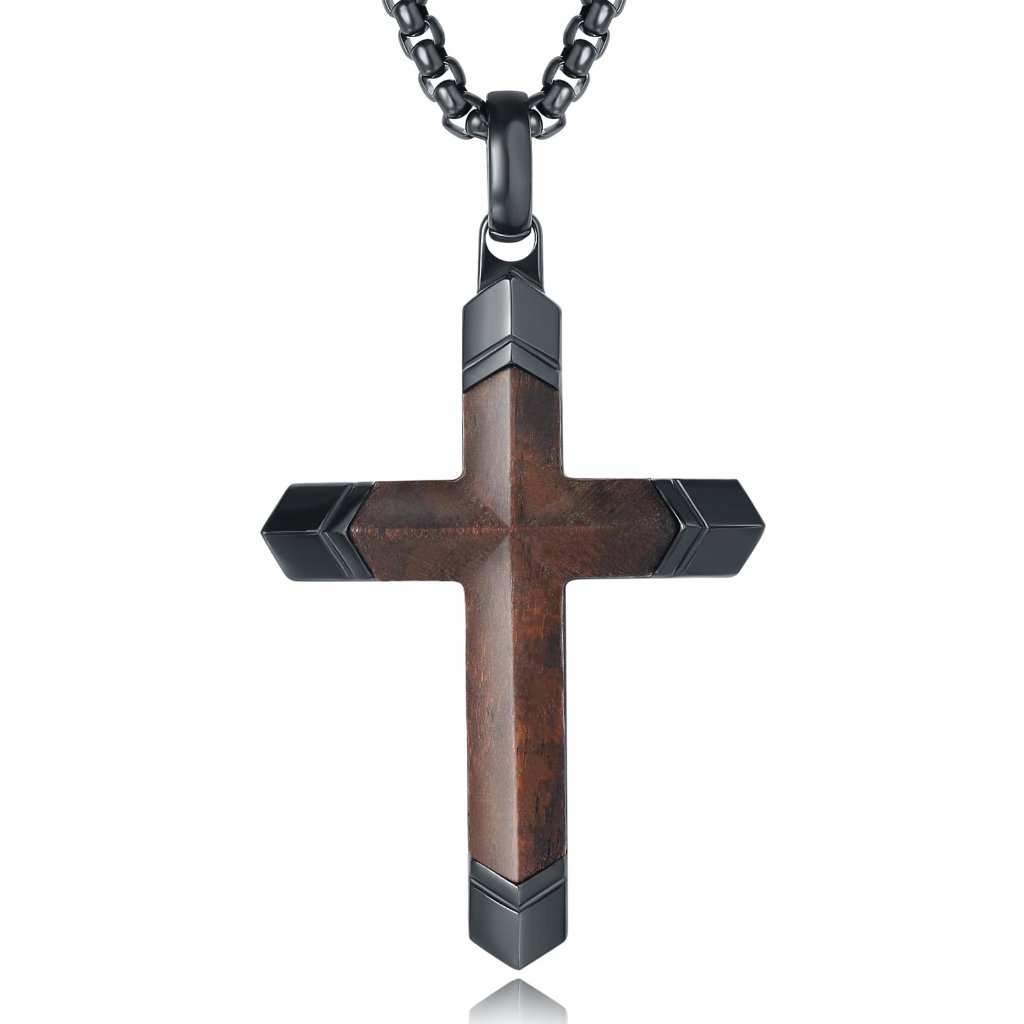 Men's Wooden Cross Necklace Stainless Steel Chain Christian Crucifix Pendant